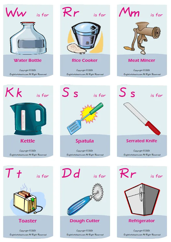 Kitchen vocabulary worksheet with words, nine images per page