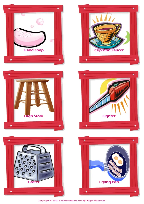 Kitchen vocabulary worksheet with words, six images per page