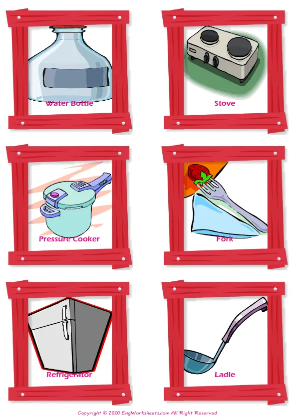 Kitchen vocabulary worksheet with words, six images per page
