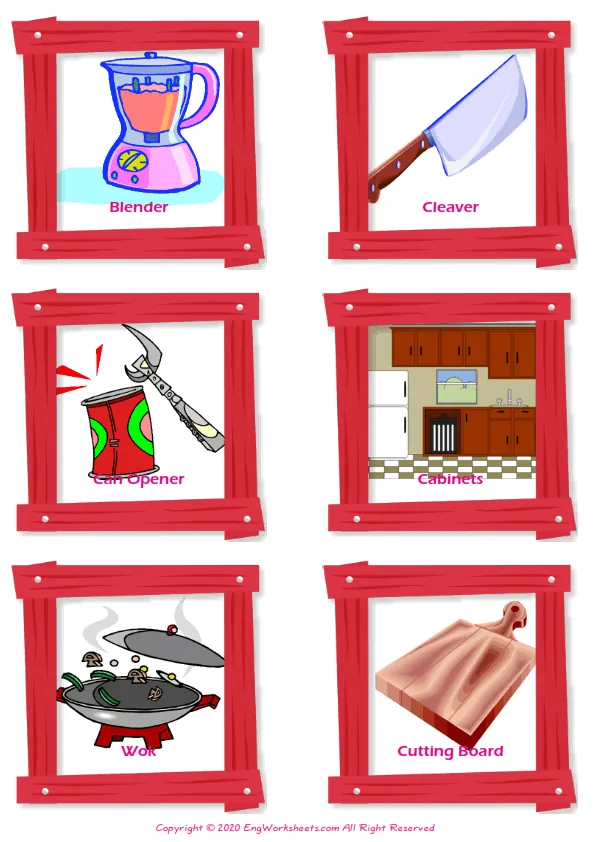 Kitchen vocabulary worksheet with words, six images per page