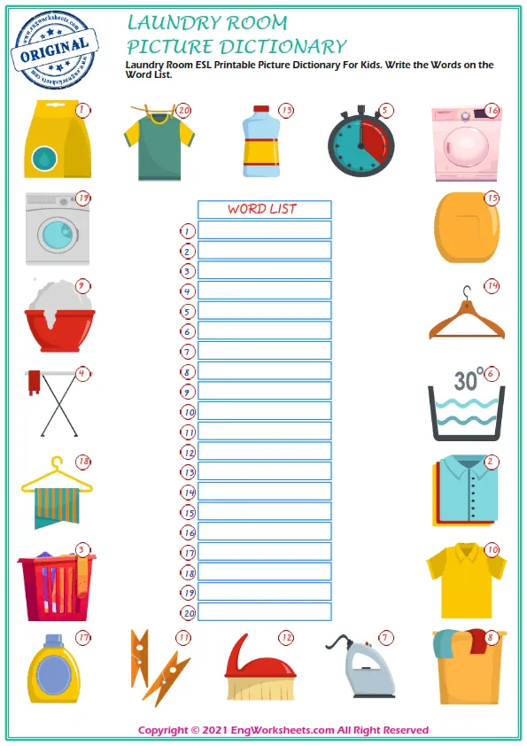 Wordless Laundry Room vocabulary worksheet with two images per page