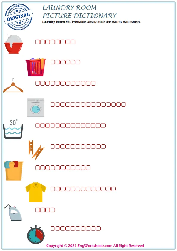Laundry Room ESL Unscramble the Words Worksheets For Kids