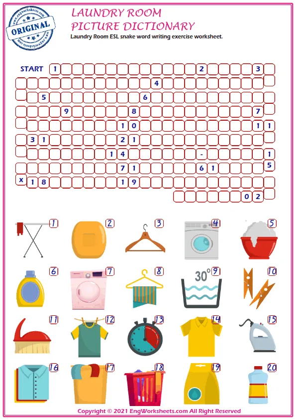 Laundry Room ESL Printable Picture Dictionary For Kids. Write the Numbers in the Word List Next to the Pictures.
