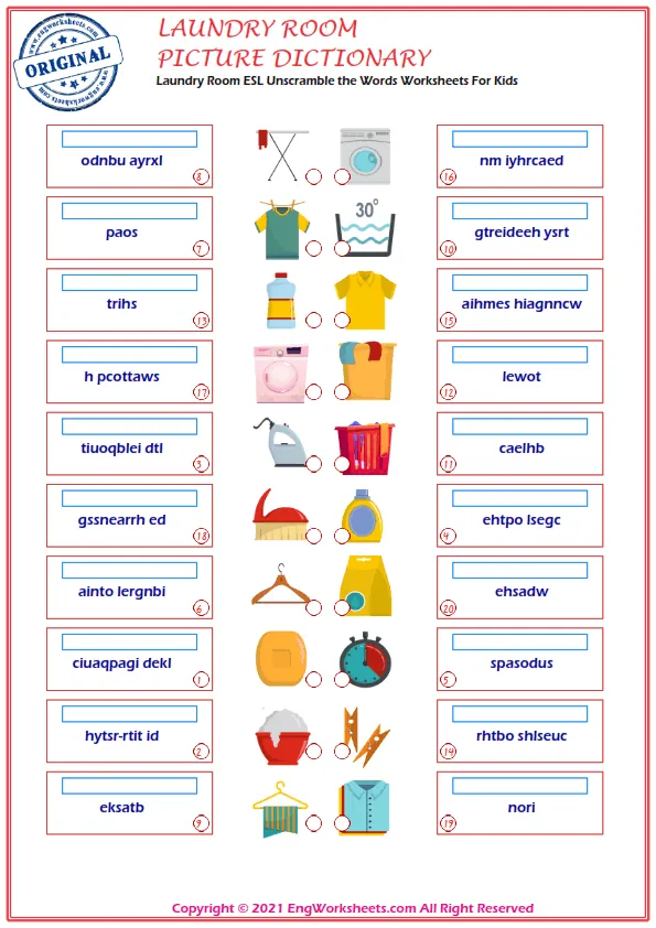 Laundry Room English word search puzzle worksheet, type the words given in the puzzle.