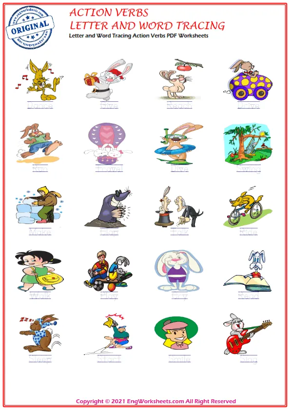 Letter and Word Tracing Action Verbs PDF Worksheets