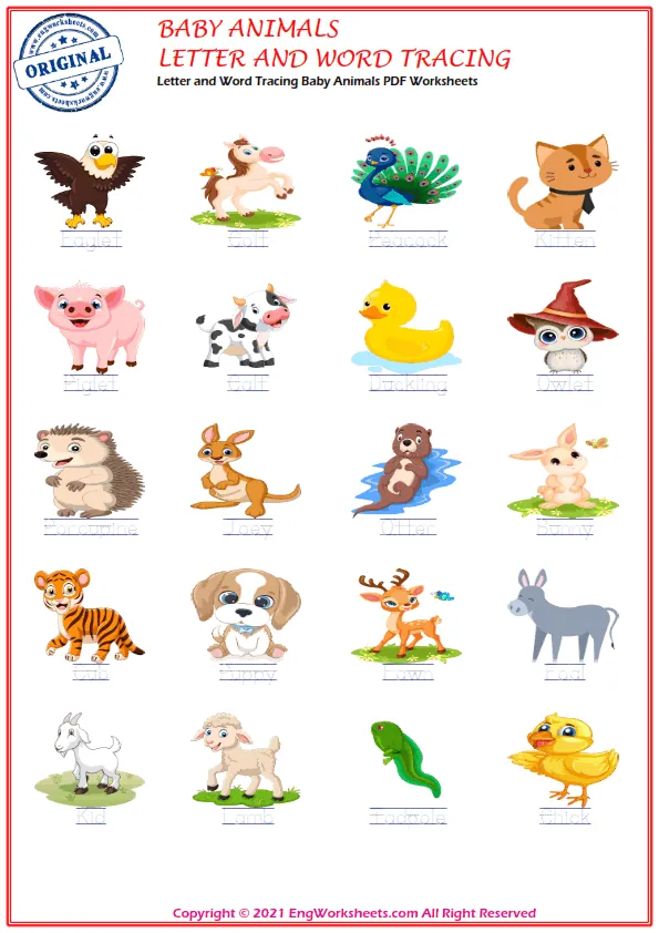 Letter and Word Tracing Baby Animals PDF Worksheets