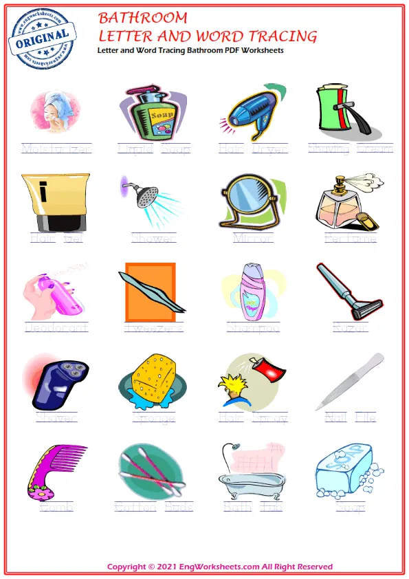 Letter and Word Tracing Bathroom PDF Worksheets