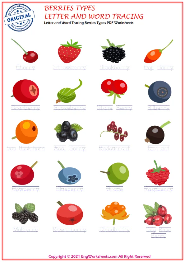 Letter and Word Tracing Berries Types PDF Worksheets