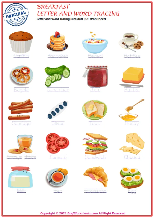 Letter and Word Tracing Breakfast PDF Worksheets