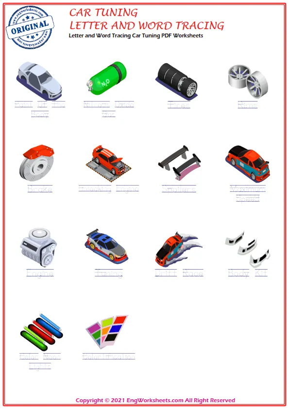 Letter and Word Tracing Car Tuning PDF Worksheets
