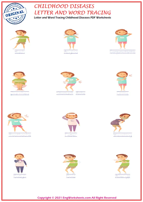 Letter and Word Tracing Childhood Diseases PDF Worksheets