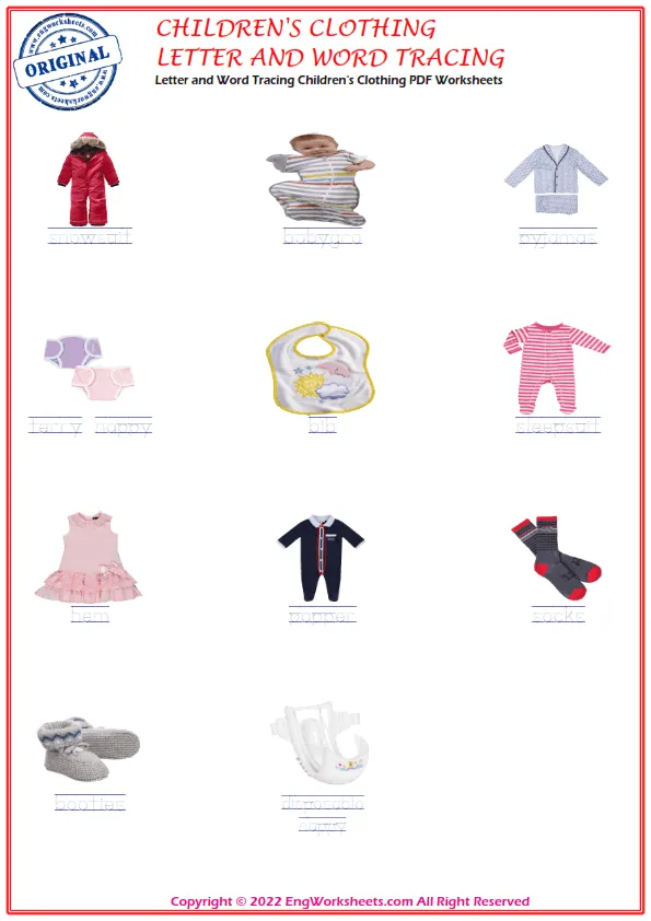 Letter and Word Tracing Children's Clothing PDF Worksheets