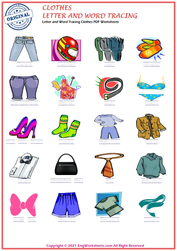 Letter and Word Tracing Clothes PDF Worksheets
