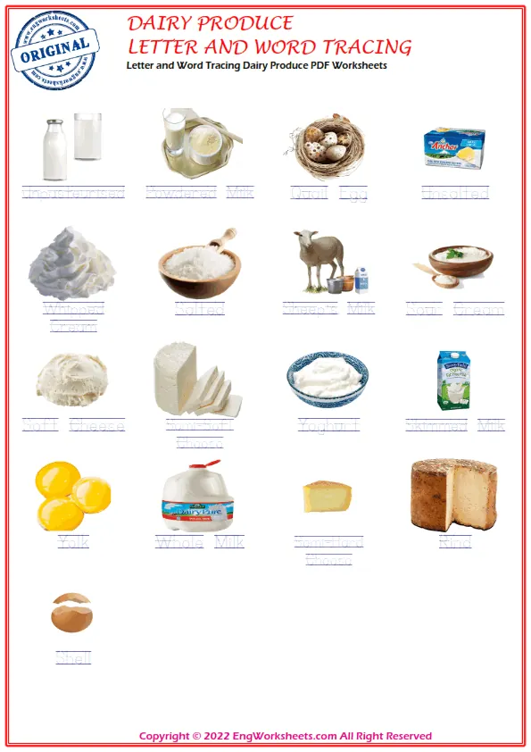 Wordless Dairy Produce vocabulary worksheet with nine images per page