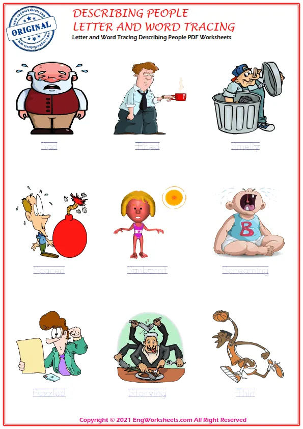 Letter and Word Tracing Describing People PDF Worksheets