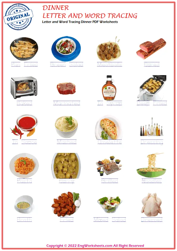 Letter and Word Tracing Dinner PDF Worksheets