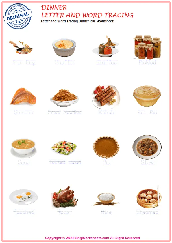Letter and Word Tracing Dinner PDF Worksheets