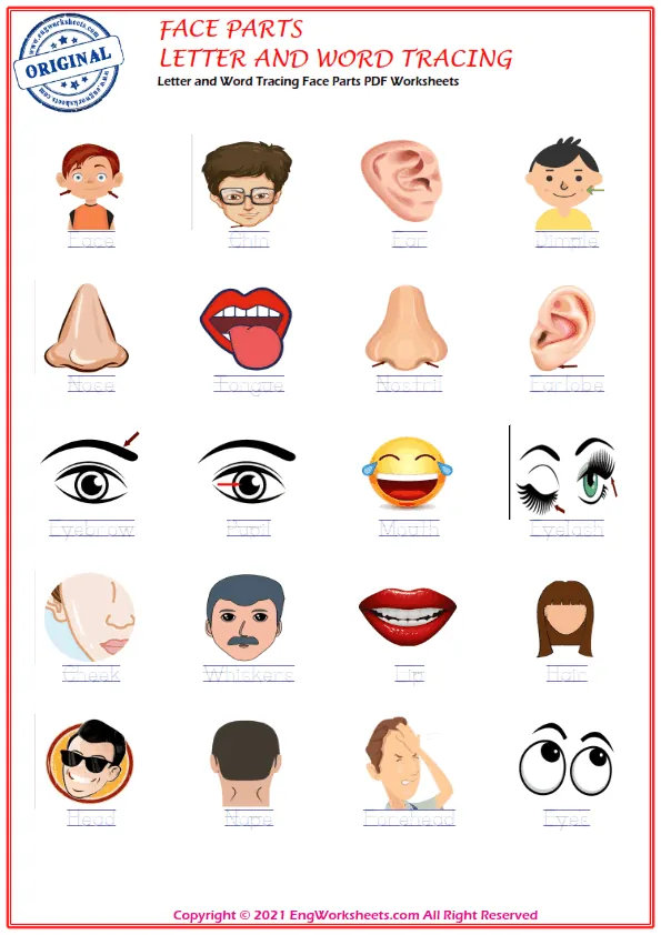 Letter and Word Tracing Face Parts PDF Worksheets