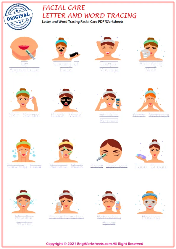 Letter and Word Tracing Facial Care PDF Worksheets