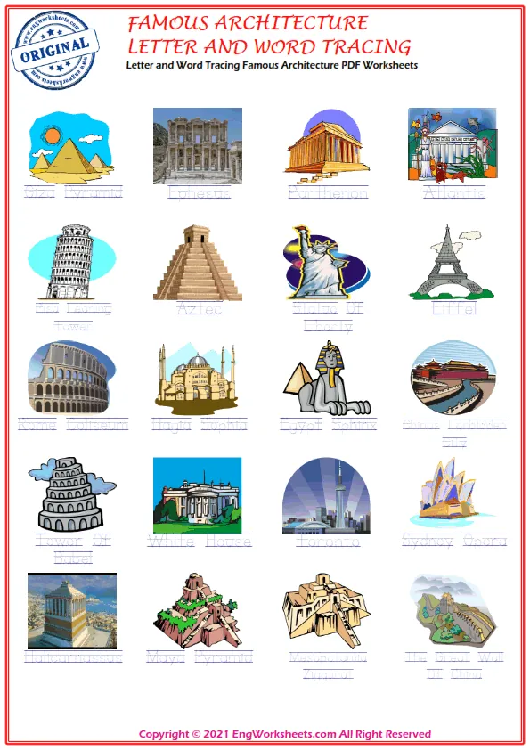 Letter and Word Tracing Famous Architecture PDF Worksheets