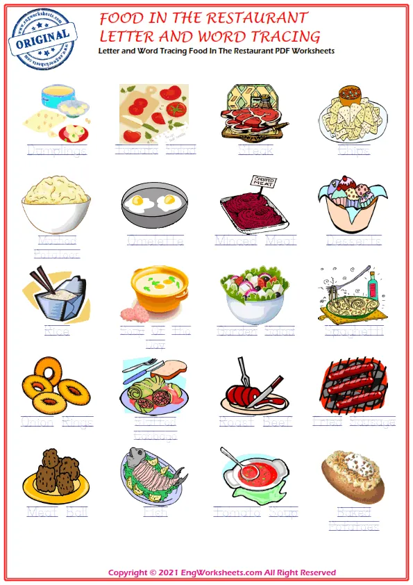 Letter and Word Tracing Food In The Restaurant PDF Worksheets