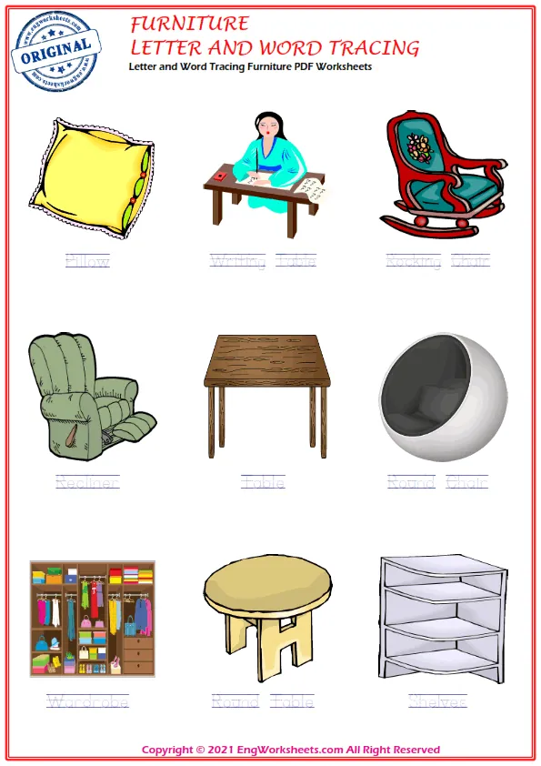 Letter and Word Tracing Furniture PDF Worksheets