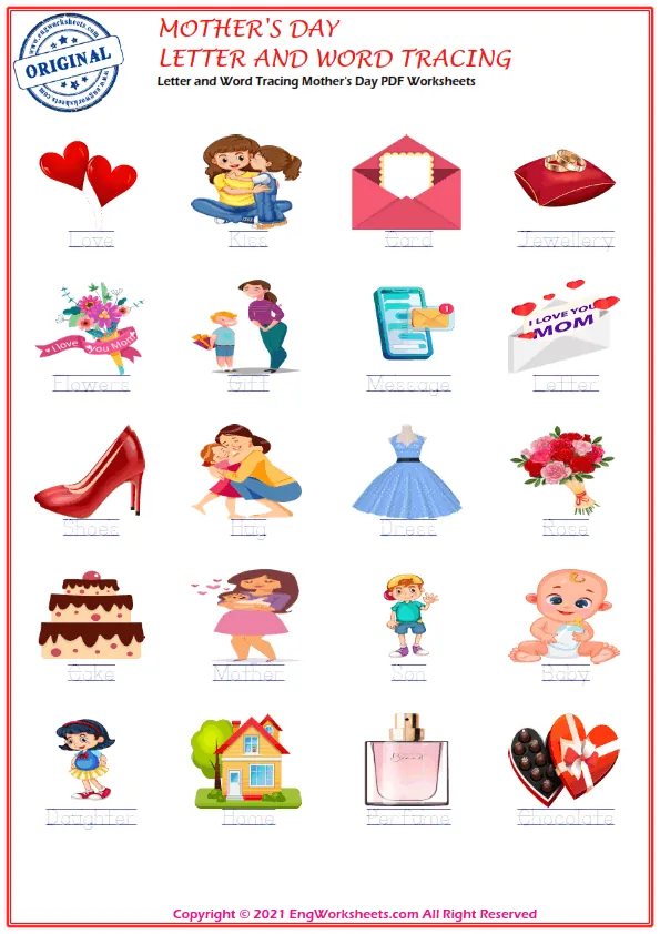 Letter and Word Tracing Mother's Day PDF Worksheets