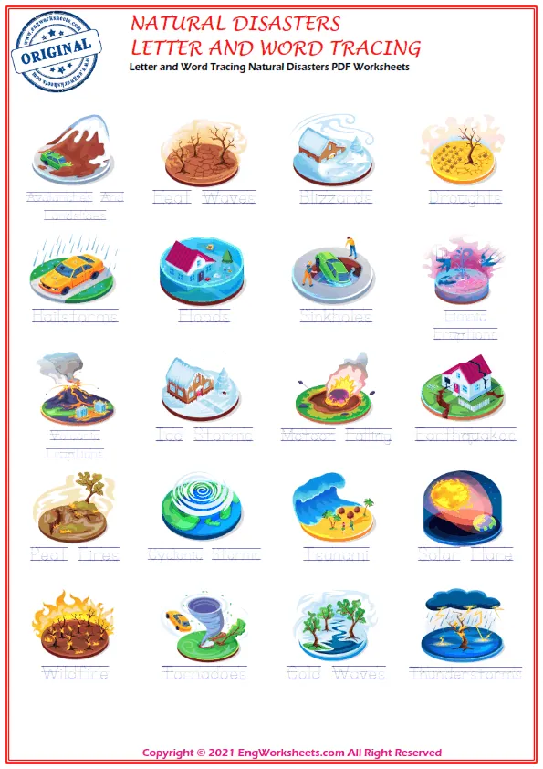 Wordless Natural Disasters vocabulary worksheet with nine images per page