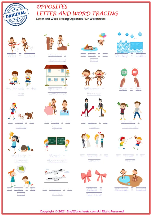 Letter and Word Tracing Opposites PDF Worksheets