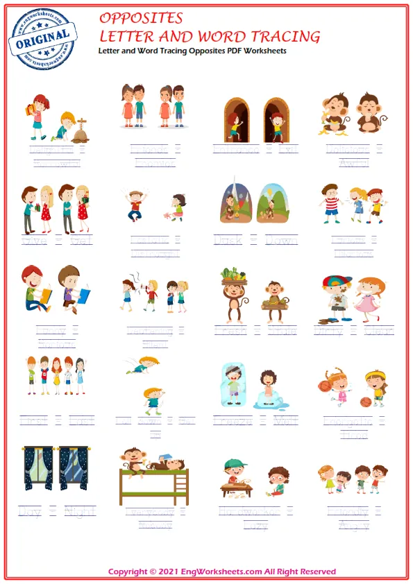Letter and Word Tracing Opposites PDF Worksheets