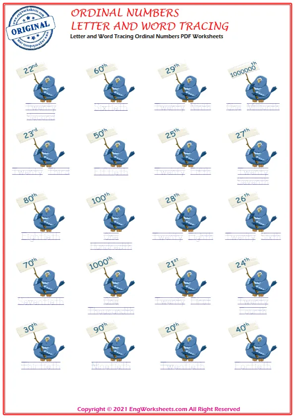 Letter and Word Tracing Ordinal Numbers PDF Worksheets