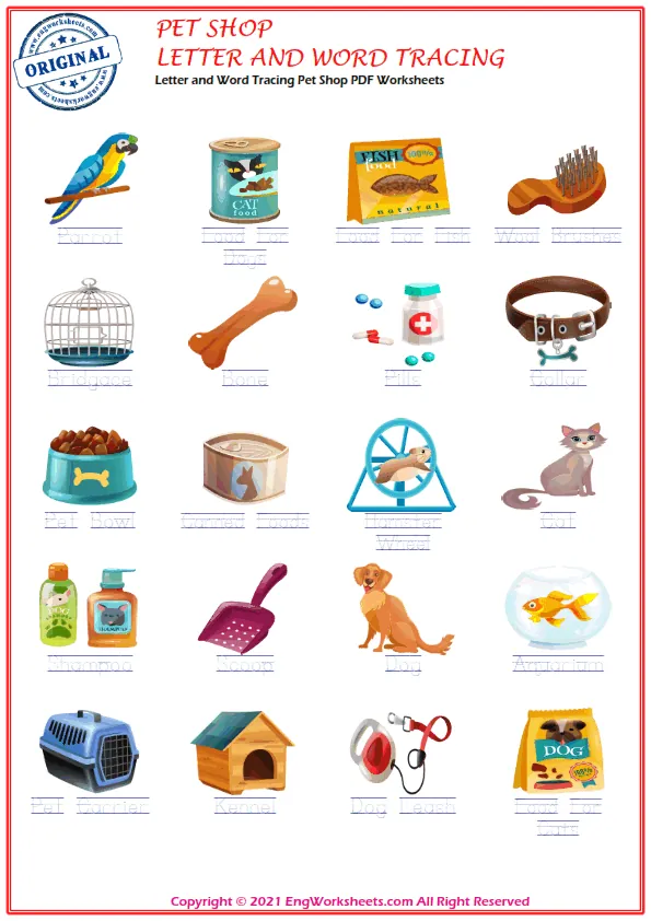 Letter and Word Tracing Pet Shop PDF Worksheets