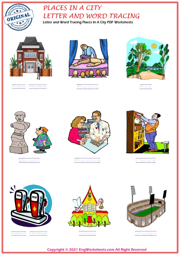 Letter and Word Tracing Places In A City PDF Worksheets