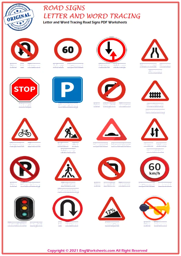 Letter and Word Tracing Road Signs PDF Worksheets