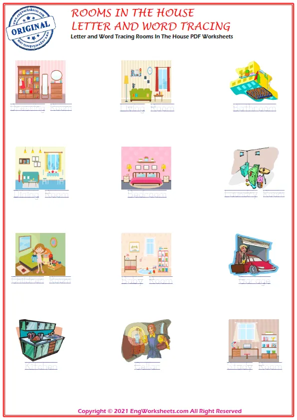 Letter and Word Tracing Rooms In The House PDF Worksheets