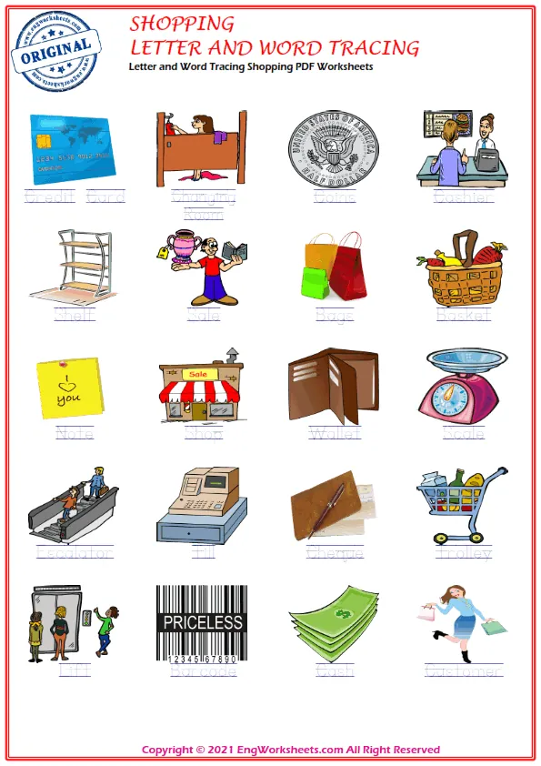 Letter and Word Tracing Shopping PDF Worksheets