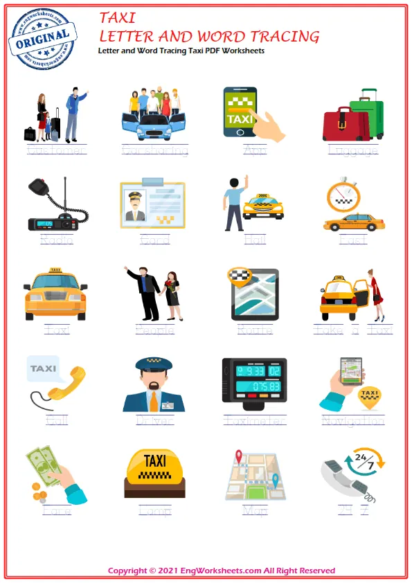Letter and Word Tracing Taxi PDF Worksheets