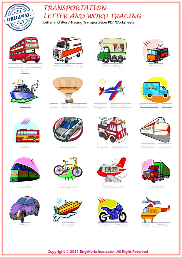 Letter and Word Tracing Transportation PDF Worksheets