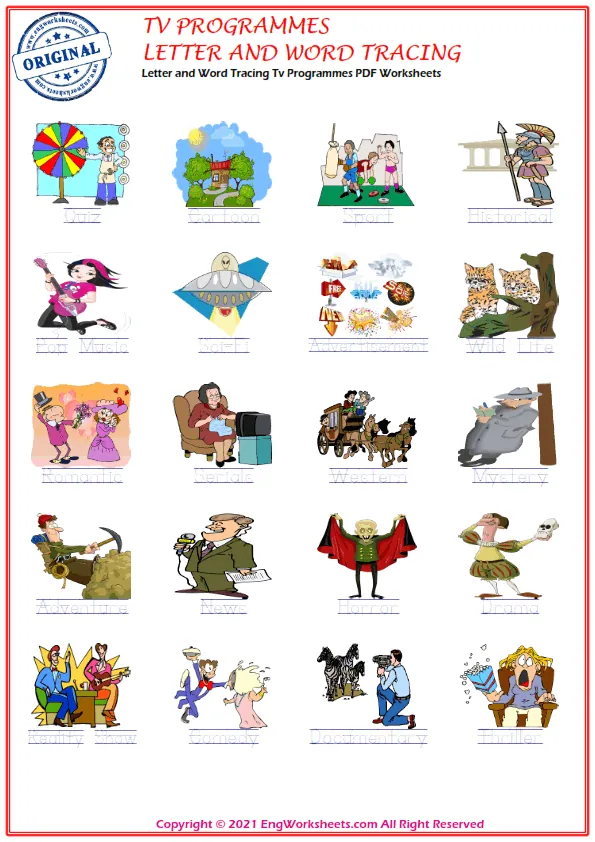 Letter and Word Tracing Tv Programmes PDF Worksheets