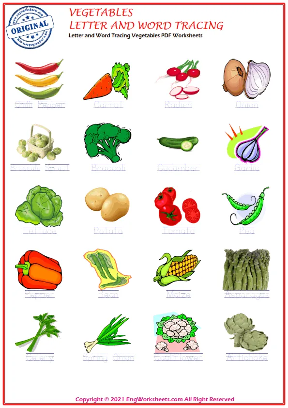 Letter and Word Tracing Vegetables PDF Worksheets