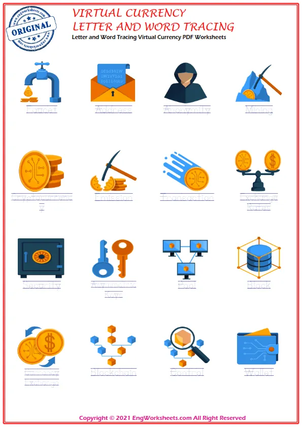 Letter and Word Tracing Virtual Currency PDF Worksheets