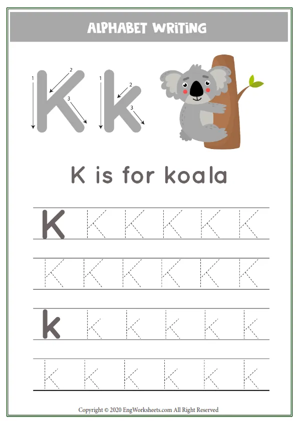 Letter K Alphabet Tracing Worksheet With Animal Illustration