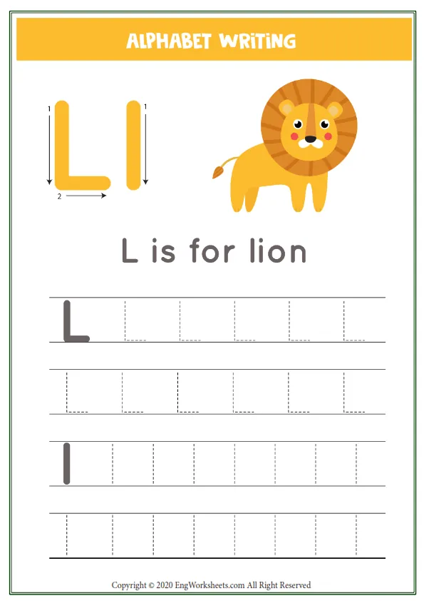 Letter L Alphabet Tracing Worksheet With Animal Illustration