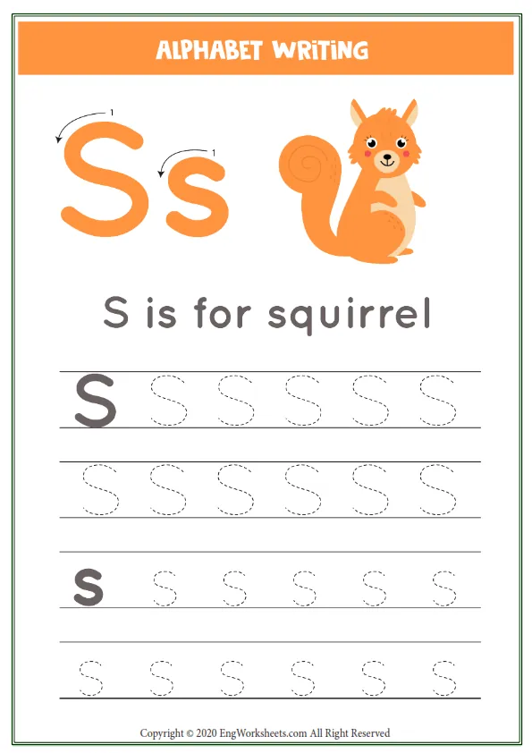 Letter S Alphabet Tracing Worksheet With Animal Illustration