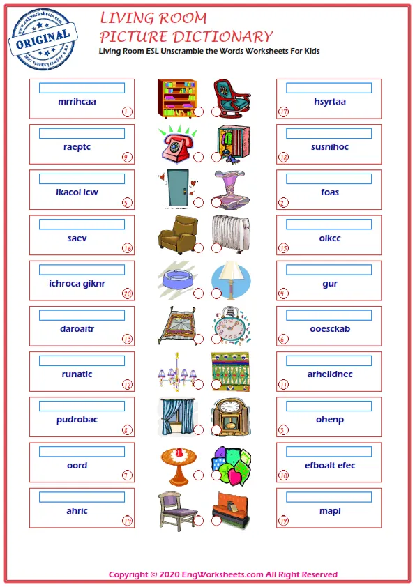 Living Room ESL Unscramble the Words Worksheets For Kids