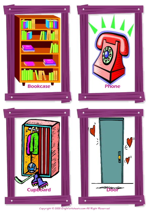Living Room vocabulary worksheet with words, four images per page