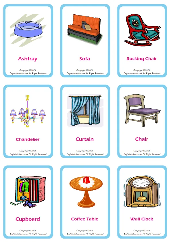 Living Room vocabulary worksheet with words, nine images per page