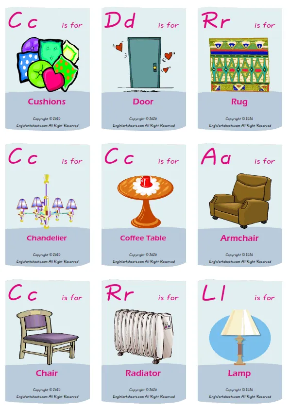 Living Room vocabulary worksheet with words, nine images per page