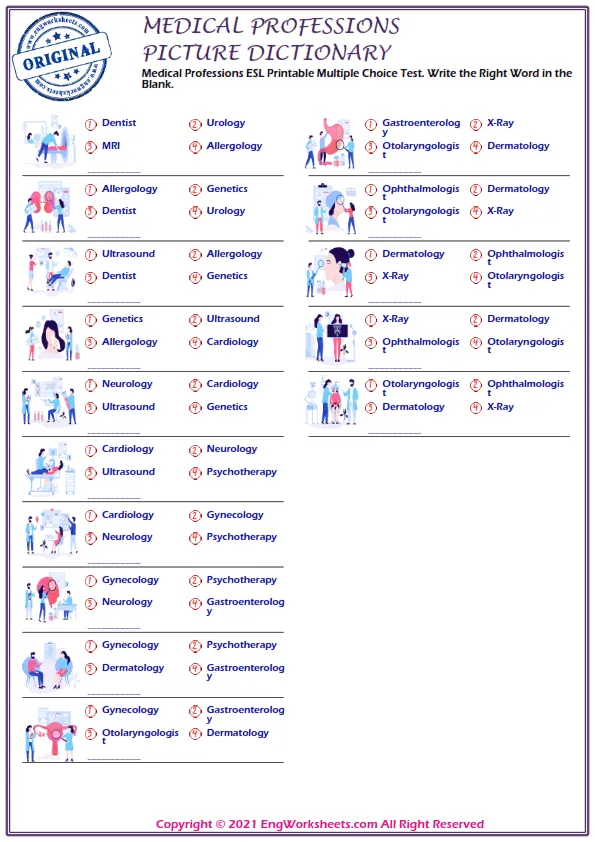 Medical Professions ESL Printable Multiple Choice Test. Write the Right Word in the Blank.