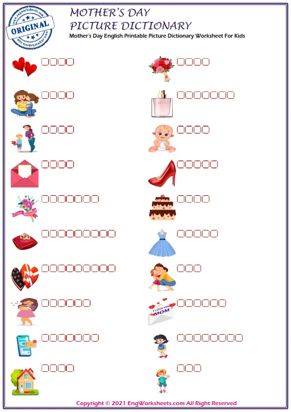 Mother's Day English Printable Picture Dictionary Worksheet For Kids